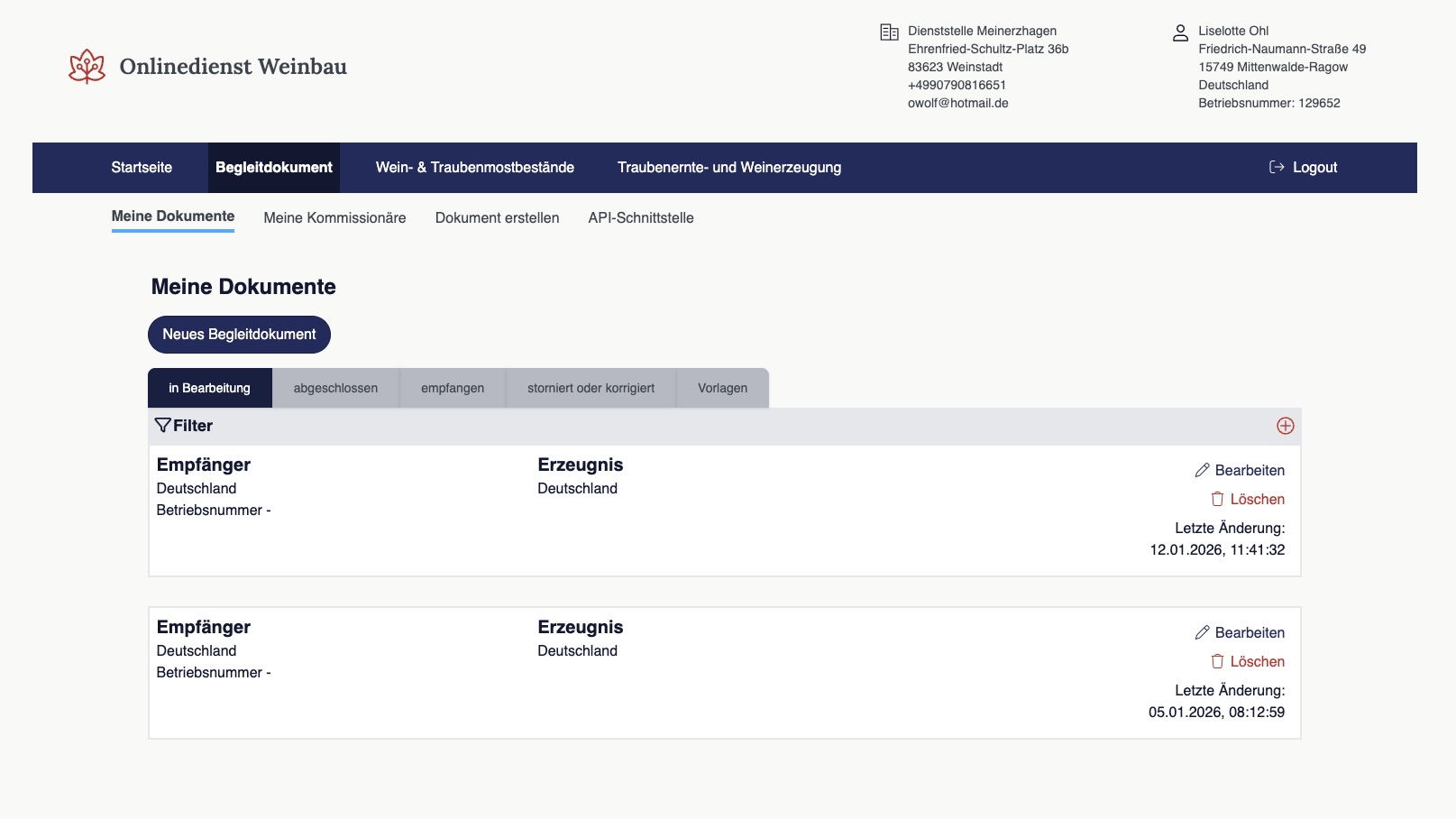 Begleitdokument Übersicht Screenshot