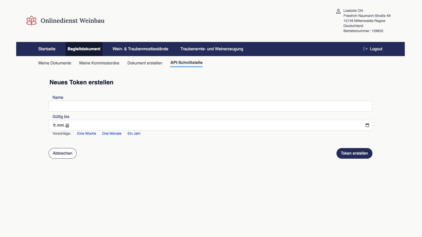 Token erstellen Screenshot