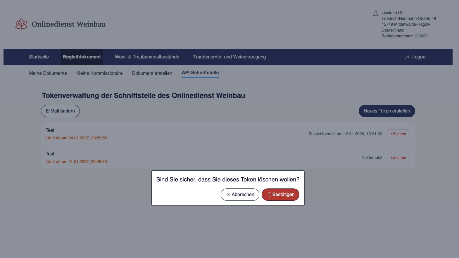 Token löschen Screenshot